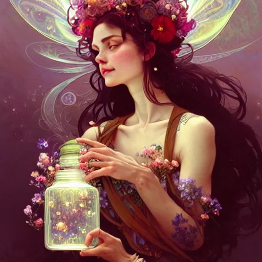 Image similar to A woman holding an enchanted jar full of magic flowers surrounded by fairies, fairy tale, face, fantasy, intricate, elegant, highly detailed, digital painting, artstation, concept art, smooth, sharp focus, illustration, art by Krenz Cushart and Artem Demura and alphonse mucha