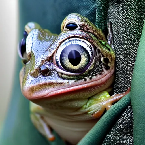 Prompt: a picture of a funny frog peeking out of a jacket pocket, 4K