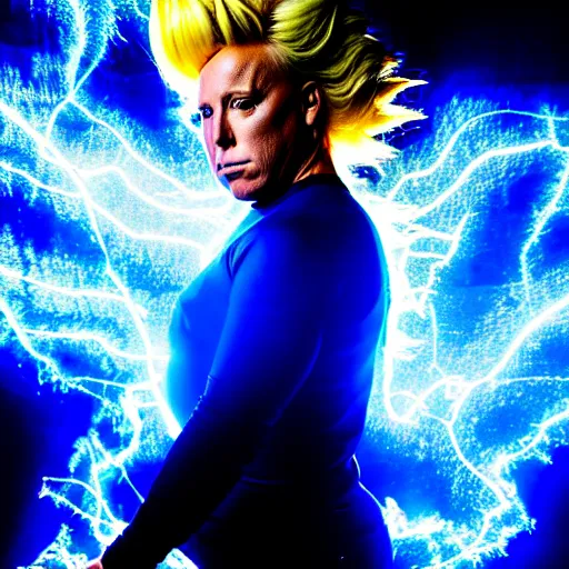 Image similar to uhd candid photo of alex jones as a super sayian, glowing blue, global illumination, studio lighting, radiant light, detailed, intricate costume. photo by annie leibowitz