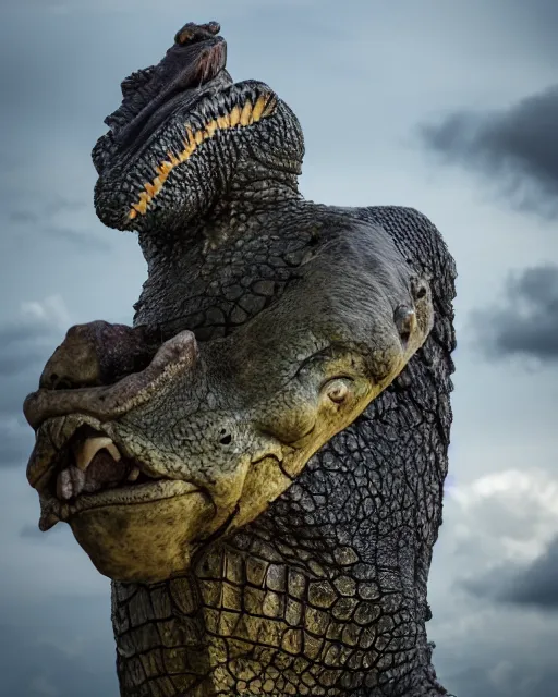 Image similar to Man with a head of a crocodile, XF IQ4, 150MP, 50mm, f/1.4, ISO 200, 1/160s, natural light, Adobe Photoshop, Adobe Lightroom, DxO Photolab, polarizing filter, Sense of Depth, AI enhanced, HDR