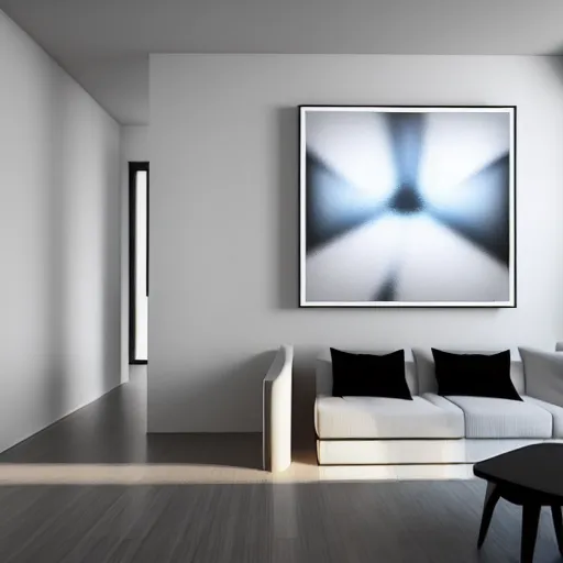 Image similar to : abstract paintings on wall in white art studio with modern architecture cinematic lighting, hyper - realistic, detailed, render by c 4 d octane, unreal engine, 8 k 3 d render