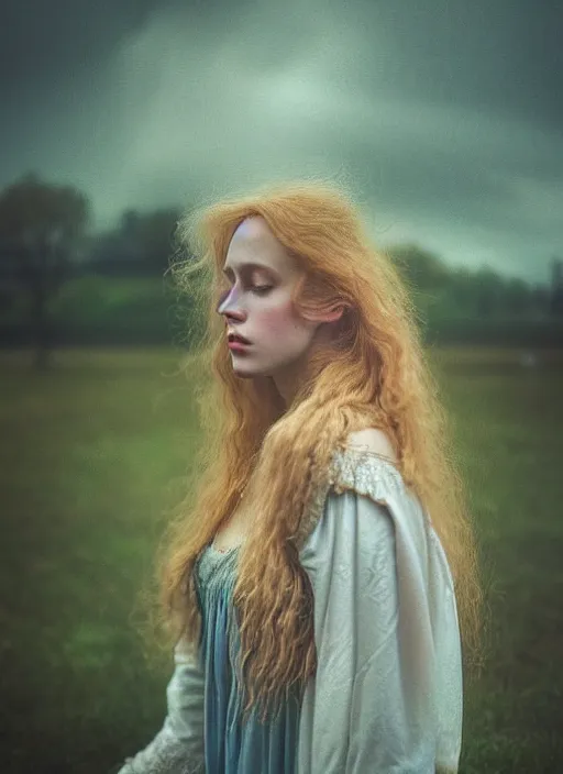 Image similar to cinestill 5 0 d photo of a pre - raphaelite blond beautiful woman, dreamy mood, fine art photography in style of gilles zimmermann, 1 5 0 mm, f 1. 2, emotionally evoking, head in focus, stormy rainy clouds outdoor, matt colour background, volumetric lighting, hyper realistic, ultra detailed