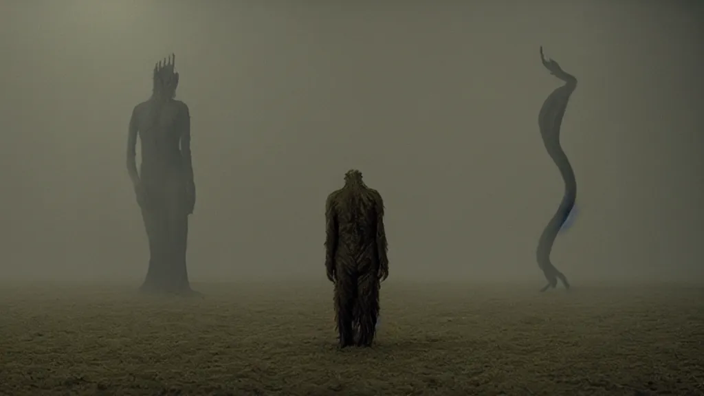 Image similar to the creature that told me when to die, film still from the movie directed by Denis Villeneuve with art direction by Salvador Dalí, wide lens