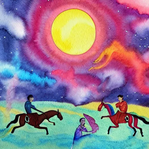 Image similar to wesley crusher riding a unicorn into battle watercolour