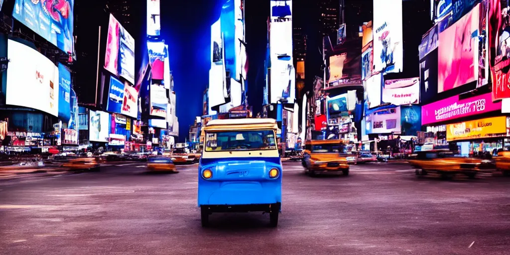 Prompt: a blue and white tuk tuk in Times Square at night, very hazy, cloudy, diffused lighting, moody, dark purple tones, shallow depth of field, 4k