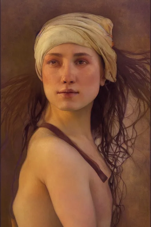 Prompt: mixing secondary colors with oil paint by alfons maria mucha, sophisticated, photoreal, symmetrical portrait, quite pudgy, upturned nose, clear facial features, character concept art, cinematic, rembrandt lighting, 4 k, 8 k, celtic norse frankish, whole person, mood lighting, real skin, subsurface scattering light