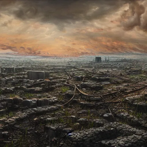 Image similar to a post-apocalyptic civilisation after a nuclear war has ravaged the land, oil on canvas, pastel colours, uplifting, 8k render, extremely detailed