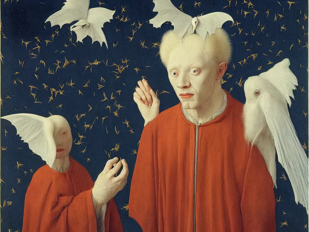 Image similar to Portrait of albino mystic with blue eyes, with beautiful exotic white fluffy bat, long antennae, giant ears. Night, fireflies. Painting by Jan van Eyck, Audubon, Rene Magritte, Agnes Pelton, Max Ernst, Walton Ford