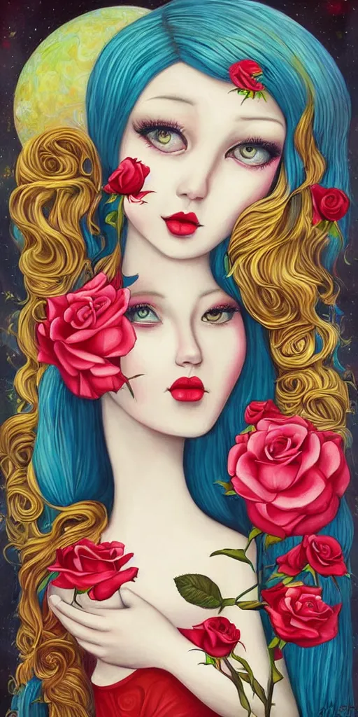 Prompt: a painting of a woman holding a rose, a surrealist painting by Jasmine Becket-Griffith, pinterest, pop surrealism, whimsical, art on instagram, surrealist ((((second face))))