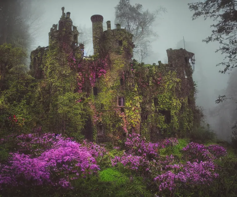 Image similar to old rundown castle in the middle of a haunted forest, foggy, high fantasy, colorful flowers, aged vegetation, photorealism, perfect composition