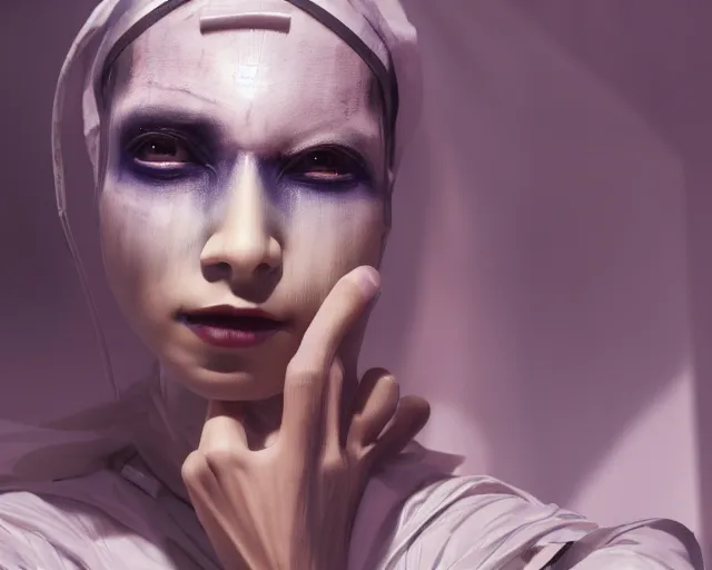 Image similar to a film still of a synthetic female human with warpaint wrapped in white cloth, in neotokyo, cinematic lighting, high resolution, 4 k