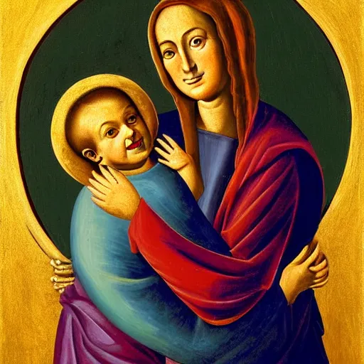 Image similar to painting benjamin netanyahu smiling while being held by his mother, tempera on wood, crevole madonna inspired, by duccio