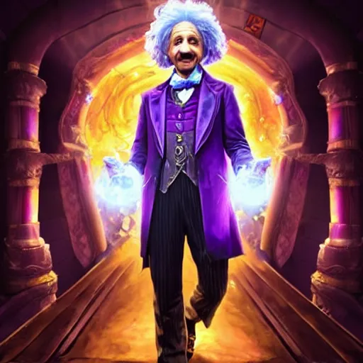 Image similar to portrait of albert einstein as willy wonka, league of legends amazing splashscreen artwork, fantasy, splash art, natural light, elegant, photorealistic facial features, intricate, fantasy, detailed face, atmospheric lighting, anamorphic lens flare, cinematic lighting, league of legends splash art, hd wallpaper, ultra high details by greg rutkowski