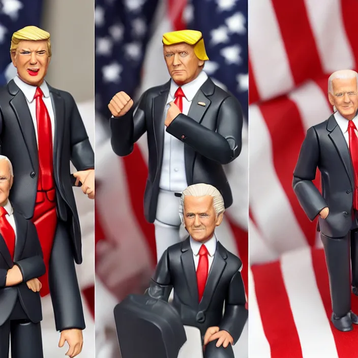 Prompt: detailed action figures of donald trump and joe biden, first 4 figures, detailed product photo