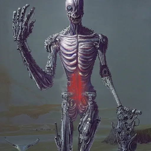 Prompt: Elmo-as-a-fleshy-cyborg-with-mechanical-limbs by Wayne Barlowe, high detail, outdoors, hazy