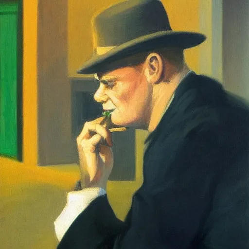 Image similar to A portrait of James Cagney smoking a cigar in a busy downtown Chicago street, circa 1940s, painting by Edward Hopper