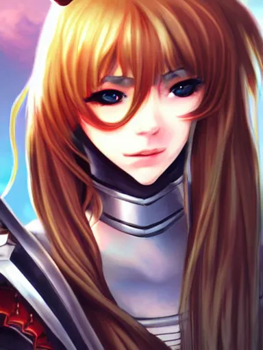 Image similar to a portrait of an attractive knight female anime character with long hair, artgerm