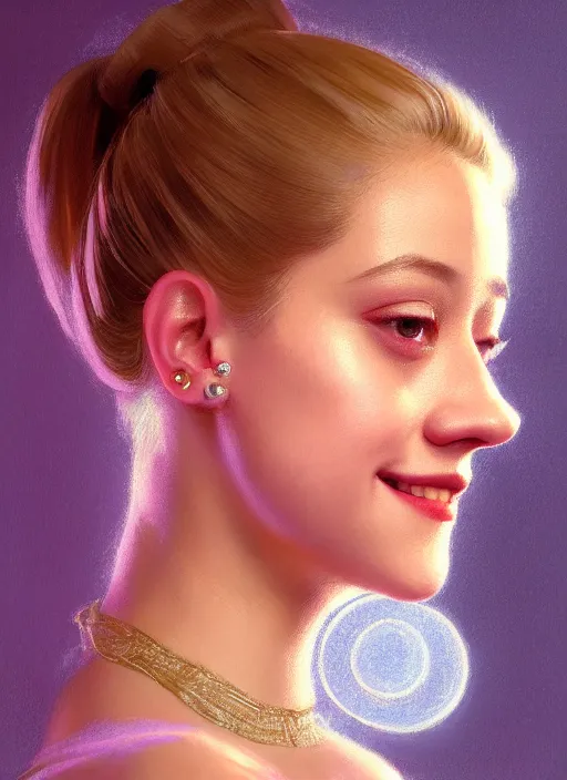 Prompt: portrait of lili reinhart, smiling kindly, bangs, 1 9 6 0 s, ponytail, bangs and ponytail, intricate, elegant, glowing lights, highly detailed, digital painting, artstation, concept art, smooth, sharp focus, illustration, art by wlop, mars ravelo and greg rutkowski