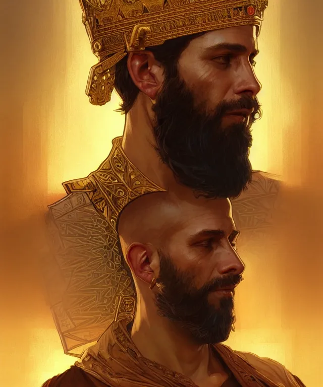 Prompt: portrait of biblical king of babylon, intricate, headshot, highly detailed, digital painting, artstation, concept art, sharp focus, cinematic lighting, illustration, art by artgerm and greg rutkowski, alphonse mucha, cgsociety