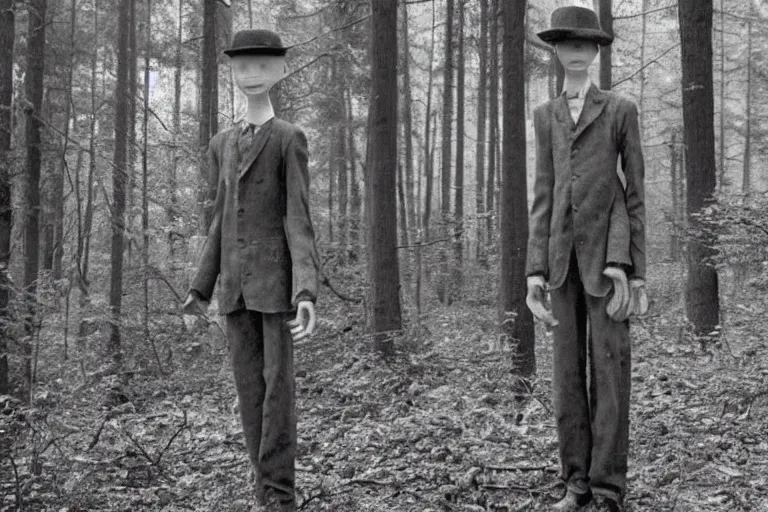 Image similar to an very old photo of slenderman in the forest