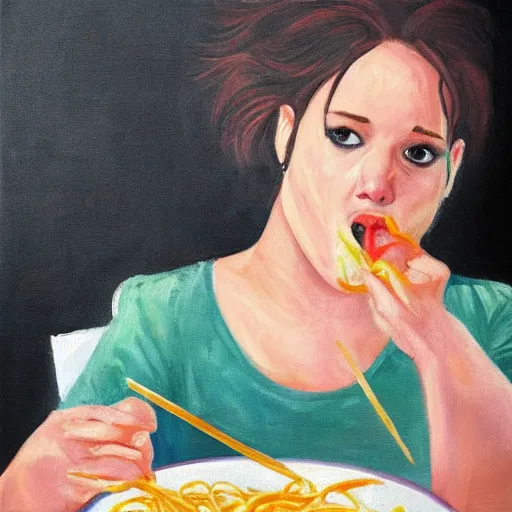 Prompt: fat jennifer lawrence eating spaghetti, painting,