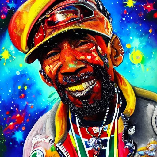 Image similar to a messy painting of Lee Scratch Perry in space. Trending on ArtStation