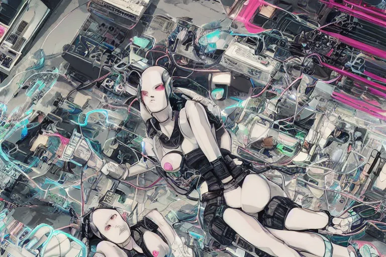 Image similar to a cyberpunk illustration of a group of female androids in style of masamune shirow, lying on an abstract, empty, white floor with their body parts scattered around in various poses and cables and wires coming out, by yukito kishiro and katsuhiro otomo, hyper-detailed, intricate, view from above