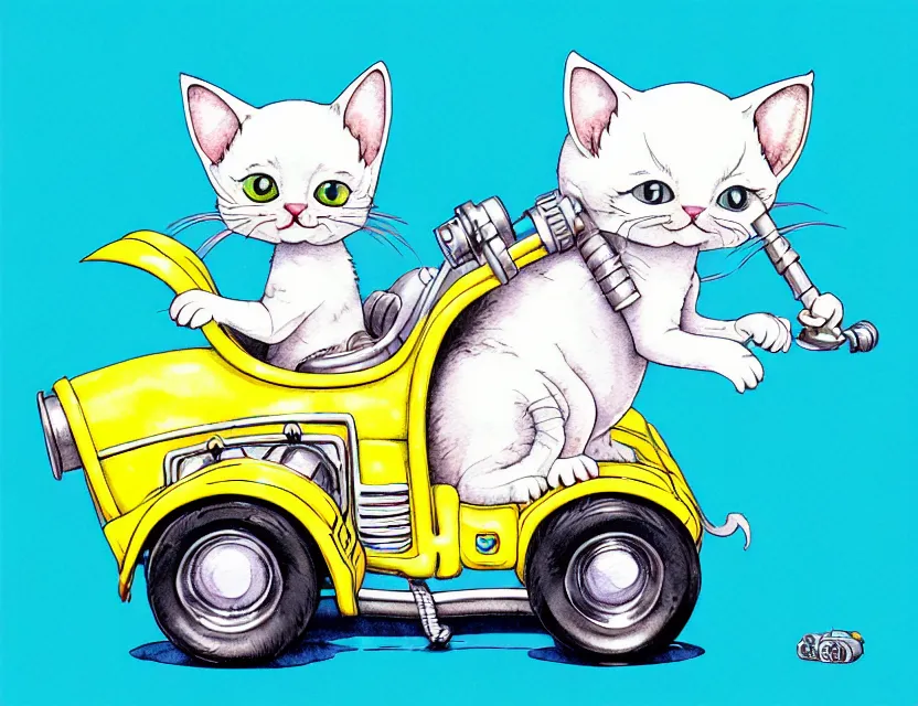 Image similar to cute and funny, kitten wearing a helmet riding in a tiny hot rod with oversized engine, ratfink style by ed roth, centered award winning watercolor pen illustration, isometric illustration by chihiro iwasaki, edited by range murata, tiny details by artgerm and watercolor girl, symmetrically isometrically centered