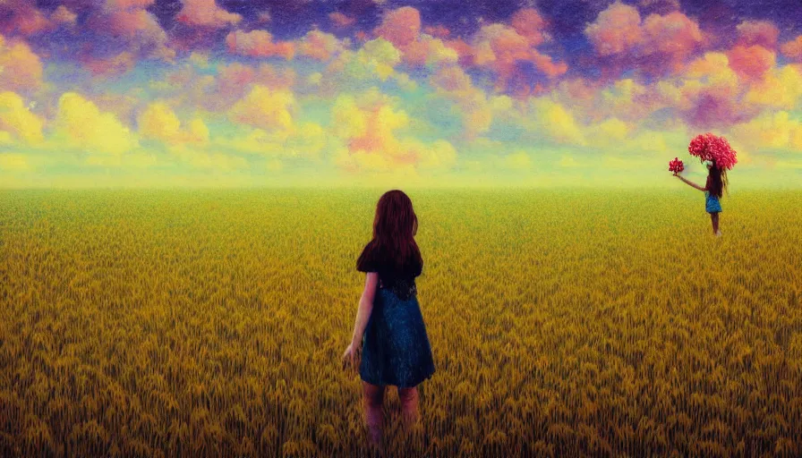 Image similar to flower face, full body, girl in empty wheat field, surreal photography, colorful clouds, tree, impressionist painting, colorful clouds, digital painting, pointillism, sunset, artstation, simon stalenhag