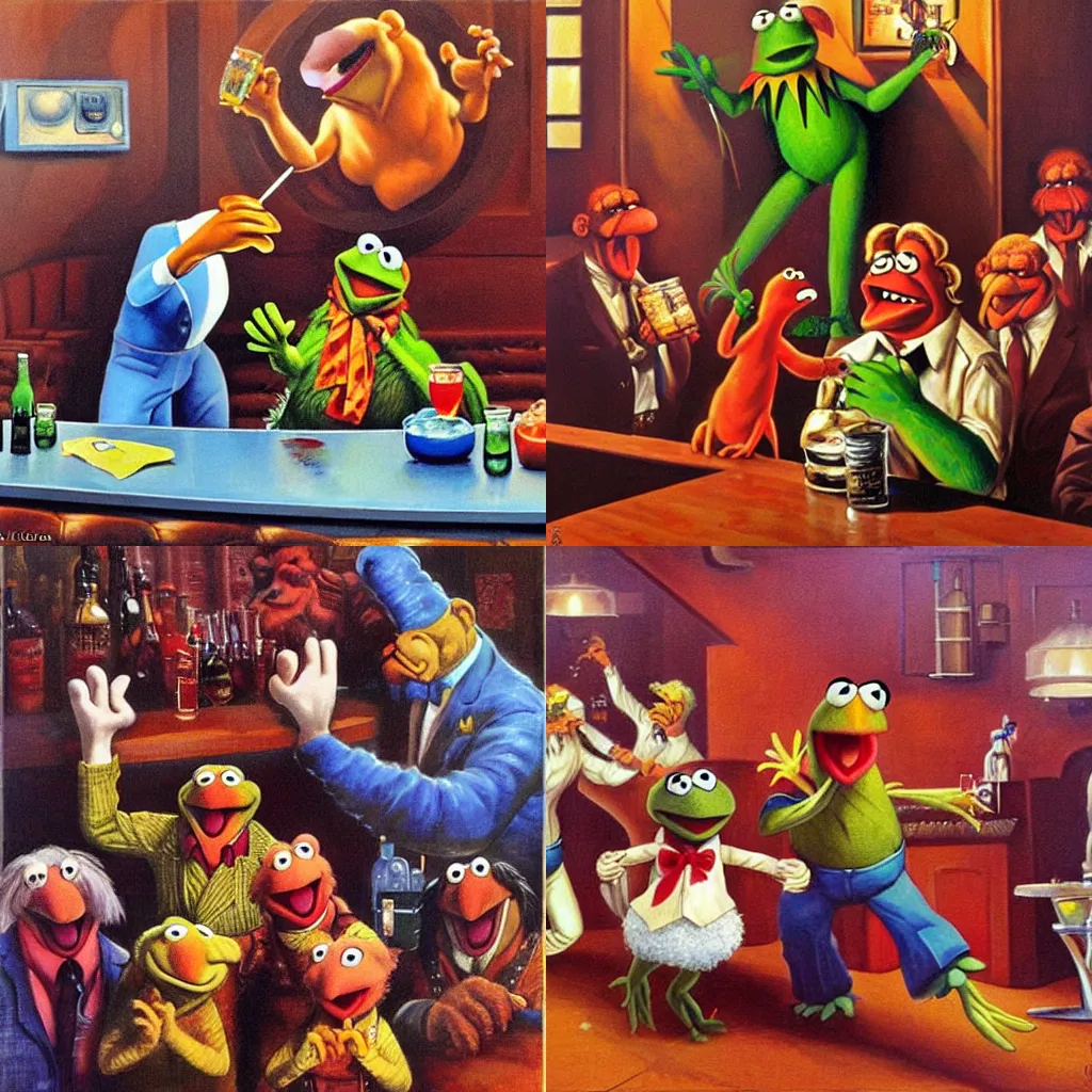 Prompt: the Muppets having a bar fight painted by Boris Vallejo