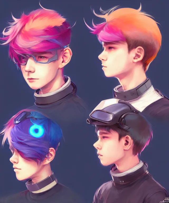 Prompt: character concept art of a cute young cyberpunk boy with colorful hair and collar | | cute - fine - face, pretty face, key visual, realistic shaded perfect face, fine details by stanley artgerm lau, wlop, rossdraws, james jean, andrei riabovitchev, marc simonetti, and sakimichan, trending on artstation