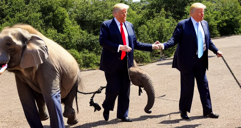 Image similar to a photo of donald trump walking an elephant on a leash