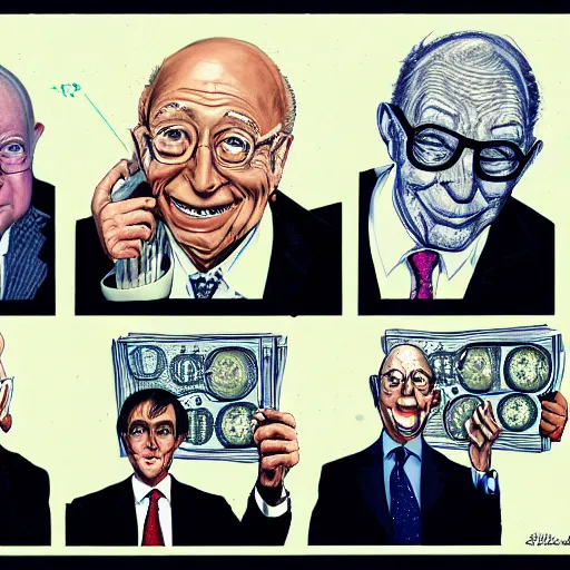 Prompt: Jacob Rothschild and george soros, bill gates and Klaus Schwab by Ralph Steadman, are counting stacks of money around a desk globe illustration, body horror, biopunk, 8k , trending on artstation