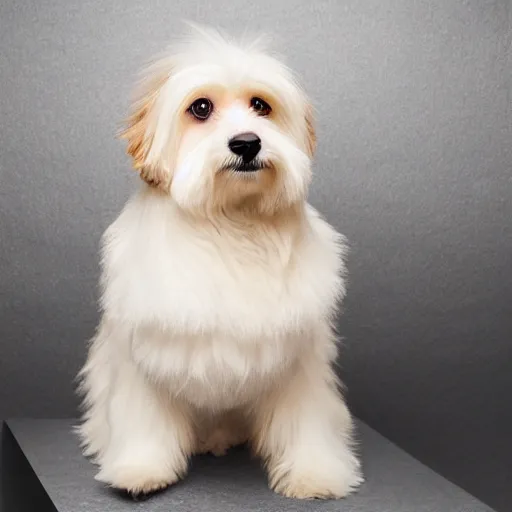 Image similar to cream - colored havanese dog as beyonce, fashion photography, studio lighting