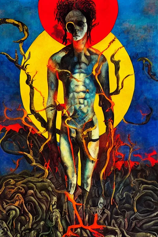 Image similar to surreal a lithe brian molko as delirium of the endless, the sandman, in a post apocalyptic hellscape, esoteric symbolism, intense emotional power, red yellow black, palette knife oil painting by peter booth, josh kirby and william blake