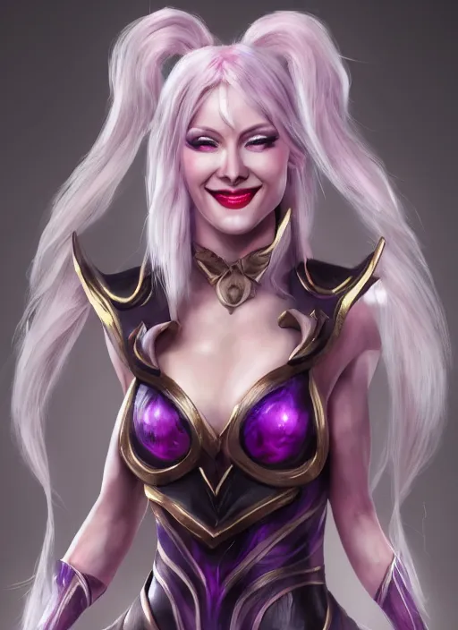 Image similar to smiling syndra, from league of legends, white hair, pink magic, hyper detailed, digital art, au naturel, with abs, trending in artstation, cinematic lighting, studio quality, smooth render, unreal engine 5 rendered, octane rendered, art style by klimt and nixeu and ian sprigger and wlop and krenz cushart