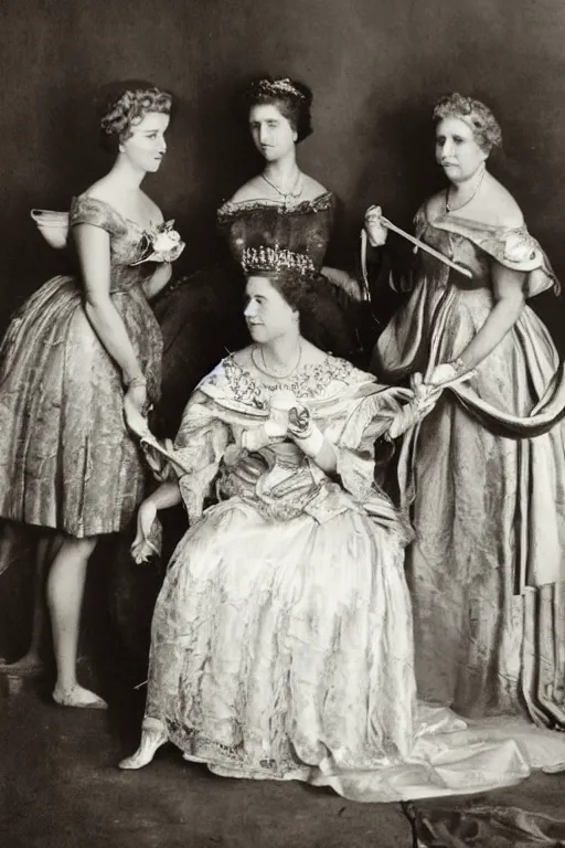Image similar to historical photo of queen margherita ( savoy ) sharing a pizza! margherita with her friends, full body, portrait photo, diffuse light, acclaimed masterpiece