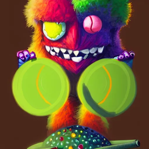 Image similar to portrait of a tennis ball monster holding a coffee, colorful, digital art, fantasy, magic, chalk, trending on artstation, ultra detailed, professional illustration by basil gogos