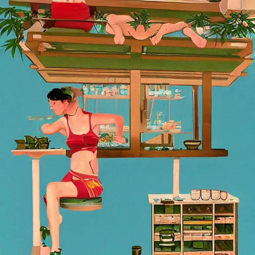 Prompt: cannabis hospitality industry, aussie baristas, isometric fun style pic, by ren hang and steve hanks, australian style video game still