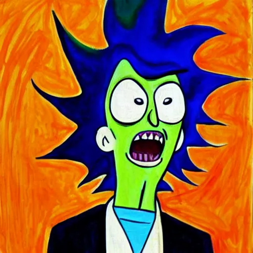 Image similar to rick sanchez from rick and morty in edward munch's scream painting