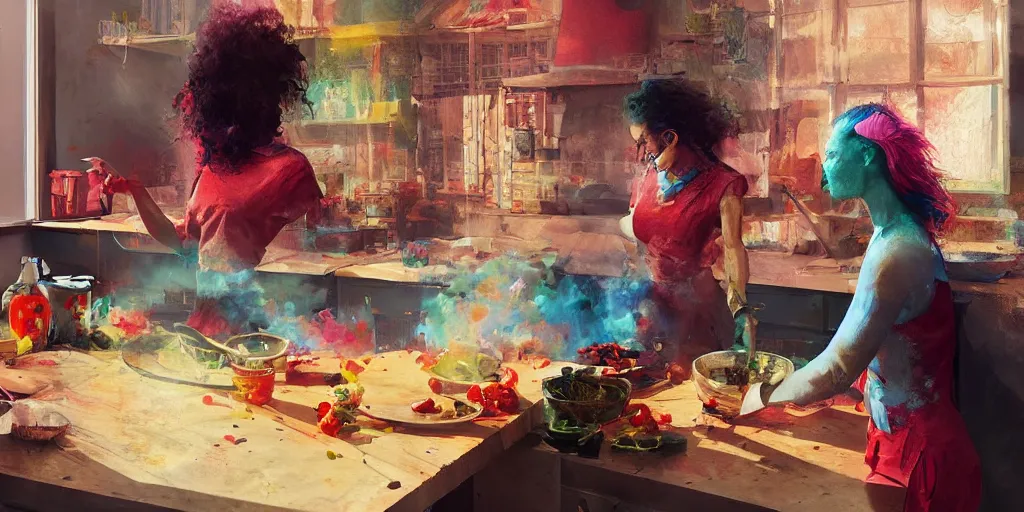 Image similar to two girls cooking, colorful, contrast, 3 d scene, greg rutkowski, zabrocki, karlkka, jayison devadas, trending on artstation, 8 k, ultra wide angle, zenith view, pincushion lens effect