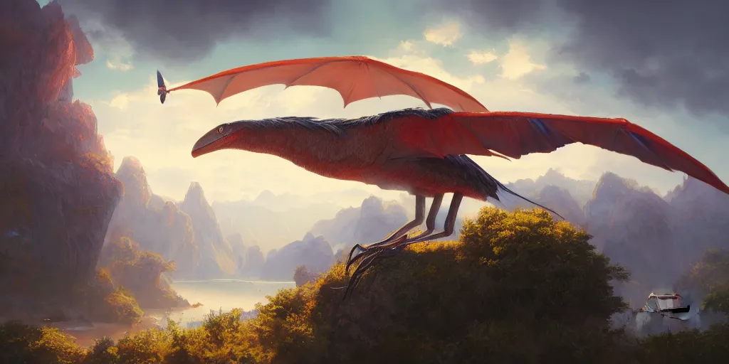 Image similar to ultra realistic colorful pterodactylus beautiful dreamy landscape, dream, colors, highly detailed, artgerm style, clear, ocatne render, artstation trend, epic art style, greg rutkowski, cinematic, concept art, 8 k hd