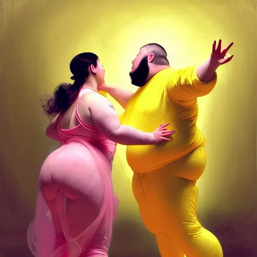 Image similar to a fat man in a yellow hazmat suit and a woman in a pink organza dress both dancing, in a messy laboratory, intricate, elegant, digital painting, concept art, smooth, sharp focus, illustration, from metal gear, by ruan jia and mandy jurgens and william - adolphe bouguereau, artgerm