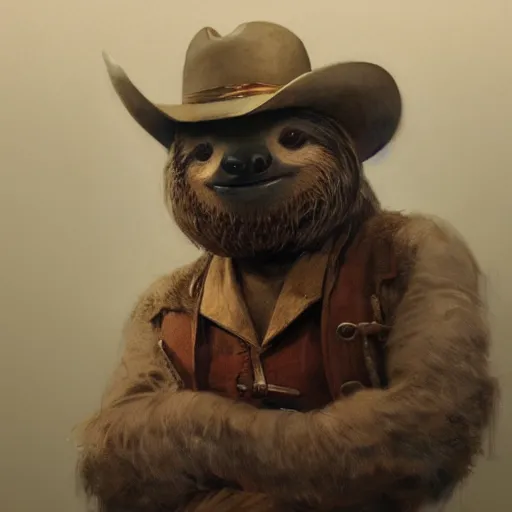 Image similar to detailed concept art of a sloth dressed as an old west prospector, artstation, award - winning realistic concept art by jim burns and greg rutkowski, beksinski, a concept art masterpiece, red color palette, james gilleard, bruegel, alphonse mucha, and yoshitaka amano.