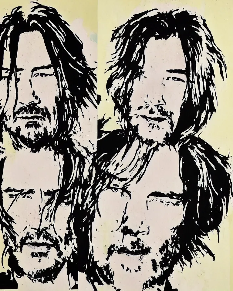 Image similar to keanu reeves caricature, painted by andy warhol