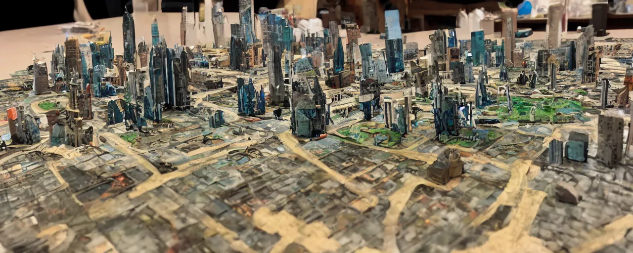 Prompt: functional mini sci-fi city made out painted cardboard