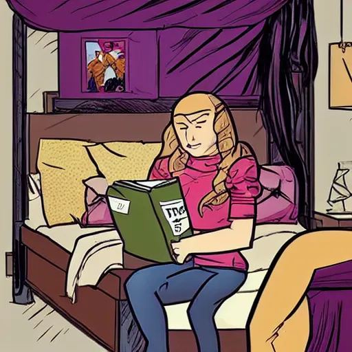 Image similar to teenage girl reading a comic book in her bedroom, art by Gabriel Picolo.