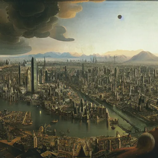 Image similar to planetary city by ansel adams and bernardo bellotto