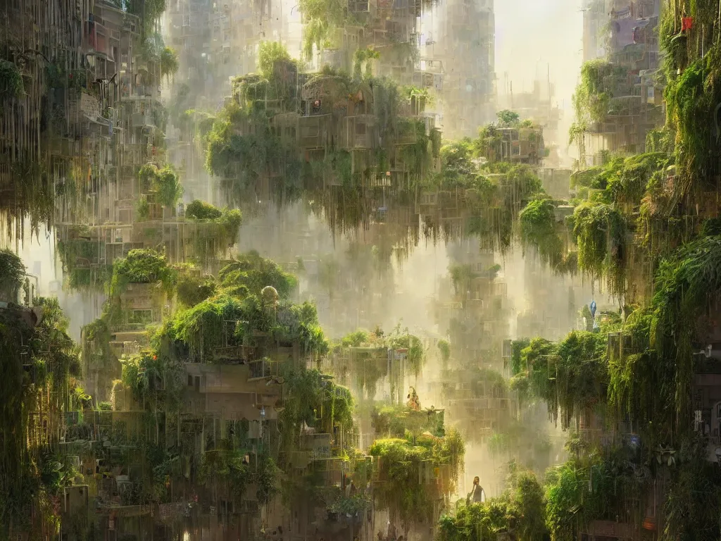 Image similar to the green city of babylon with its wonderful hanging gardens at dawn, intricate, elegant, volumetric lighting, digital painting, highly detailed, artstation, sharp focus, illustration, concept art, ruan jia, steve mccurry