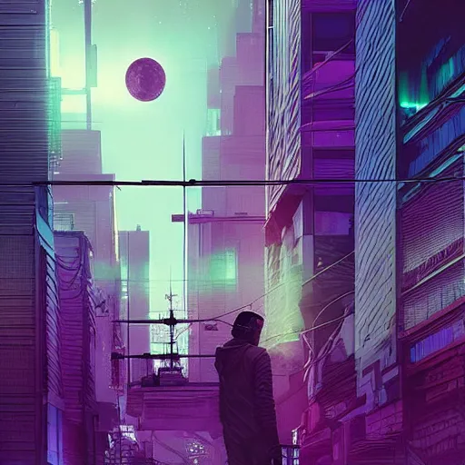 Image similar to “ man on the moon, cyberpunk art by vincent lefevre, behance contest winner, altermodern, cityscape, synthwave, matte painting ”